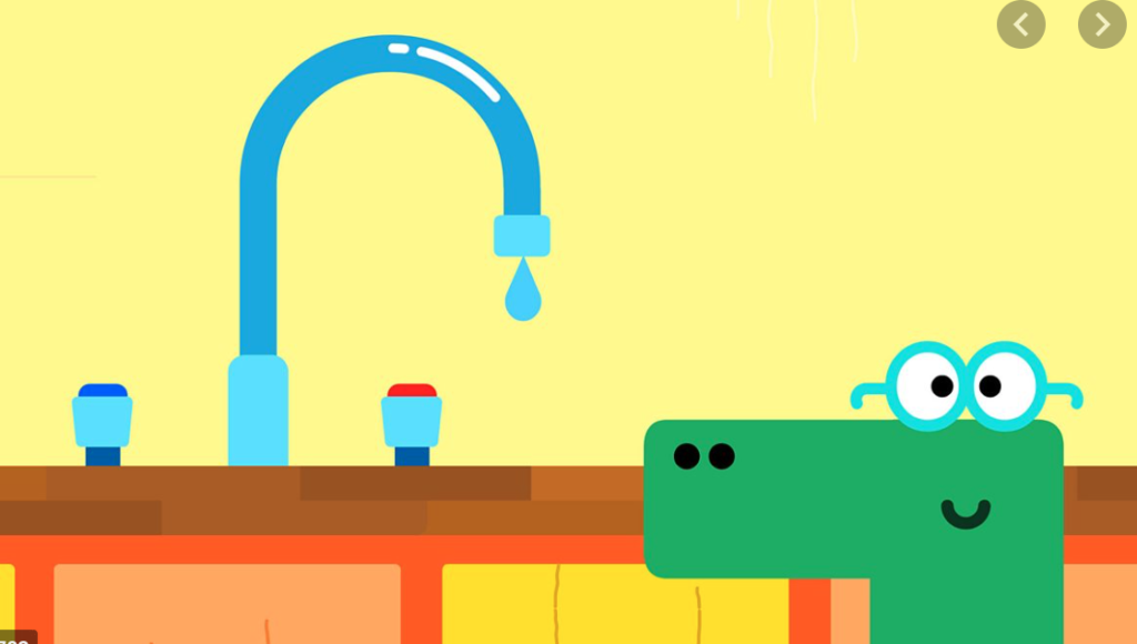 Happy, a character from Hey Duggee smiles at a dripping tap. 